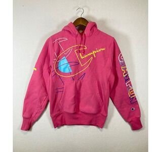 Streetwear Champion Women Small Pink Reverse Weave Abstract Graphic Hoodie S2974